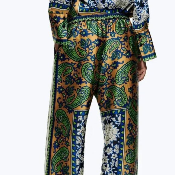 Zara Multicolor Green Blue Print Highwaisted Drawstring Pants Women’s Size M - Picture 12 of 15